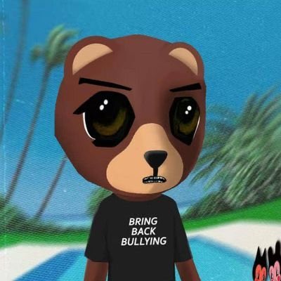 A cartoon-style bear character with large sad eyes wears a black t-shirt reading "BRING BACK BULLYING," set against a backdrop of palm trees and blue sky. The image contrasts the cheerful "gm NFTs" greeting with the bear's edgy, ironic sentiment—likely a humorous statement from an NFT project.