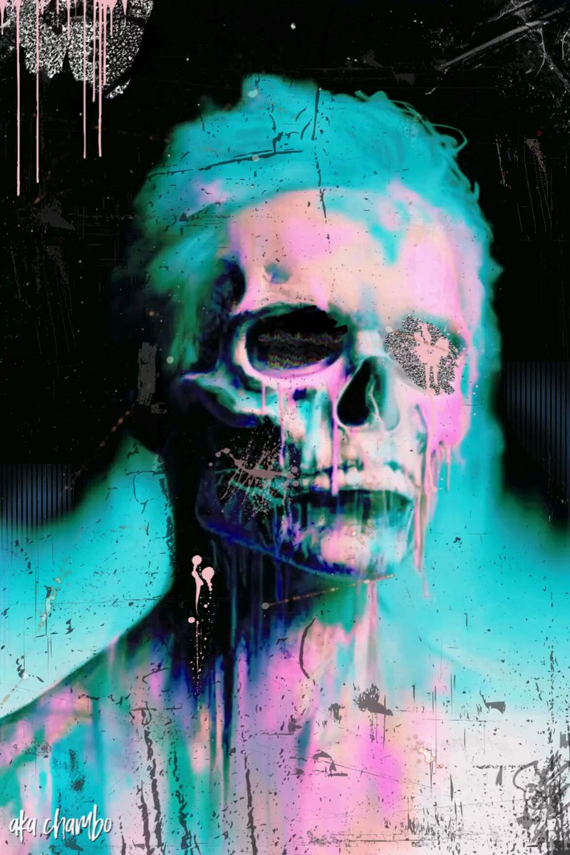The image features a skull with pink, blue, and green colors splattered across its face, creating an abstract and surreal appearance. The skull appears to be melting or dripping, adding to the overall surreal nature of the piece. The artist's signature is visible in the bottom right corner of the image.