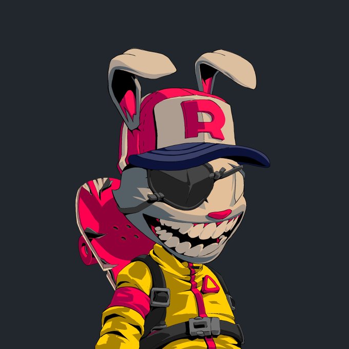 A digital illustration of a grinning cartoon rabbit character wearing a red and white cap with an 'R' logo, a black face mask, and a yellow and red harness outfit against a dark background.