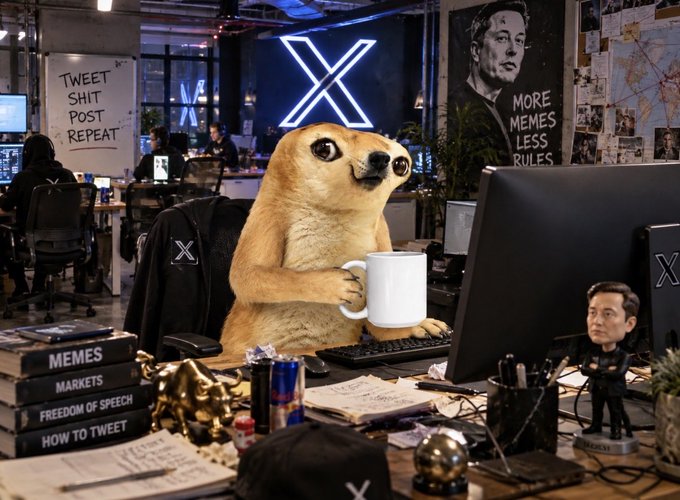A humorous AI-generated image of a meerkat holding a coffee mug at an X (formerly Twitter) office desk, surrounded by Elon Musk memorabilia, books titled 'MEMES', 'MARKETS', 'FREEDOM OF SPEECH', and a whiteboard reading 'TWEET SHIT POST REPEAT' and 'MORE MEMES LESS RULES'.