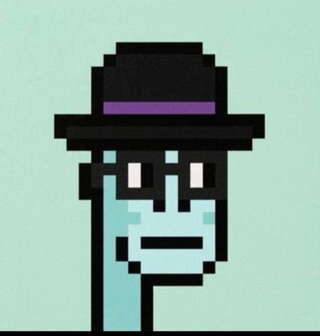 A pixel art portrait of a teal-skinned face with blank white eyes, wearing a black top hat with a purple band, set against a solid mint green background.