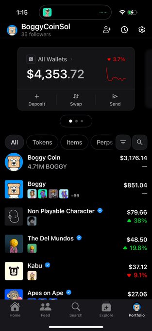 A mobile app screenshot of a crypto wallet named 'BoggyCoinSol' showing a total balance of $4,353.72, down 3.7%, with token holdings including 'Boggy Coin' ($3,176.14) and 'Boggy' ($851.04).