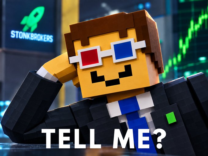 A Minecraft-style 3D character wearing 3D glasses and a suit appears in front of a 'STONKBROKERS' stock chart graphic, with text reading 'TELL ME?'.
