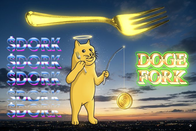 A meme image featuring a doge-like cat with a halo, holding a fork and a fishing rod with a gold coin, with text '$DORK' repeated on the left and 'DOGE FORK' on the right against a sunset cityscape background.