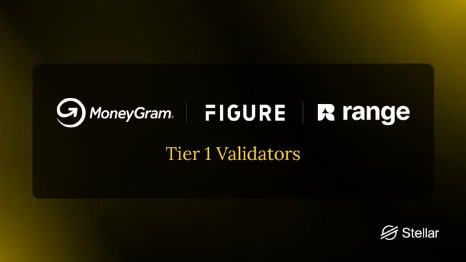 The image displays a promotional graphic featuring the logos of MoneyGram, Figure, and Range alongside the text "Tier 1 Validators," with Stellar's logo in the bottom right corner. It visually announces the addition of these three companies as new Tier 1 validators on the Stellar network, reinforcing the post's message about expanding the network's decentralization and resilience.