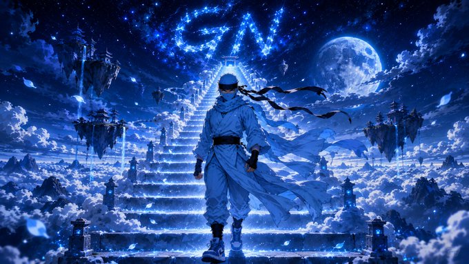 A blue-toned fantasy digital artwork depicts a figure in a hooded robe standing on a glowing staircase ascending into a starry sky, with "STAY" spelled out in lights above and a large moon in the background.