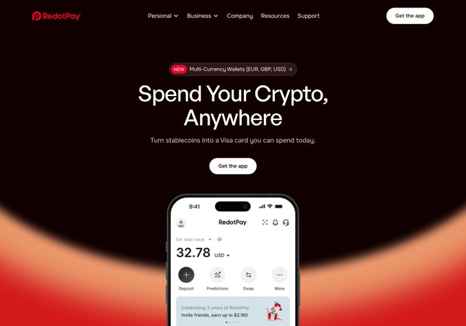 RedotPay website hero section promoting their crypto spending app with the tagline 'Spend Your Crypto, Anywhere' and showcasing a mobile app interface displaying a $32.78 USD balance.
