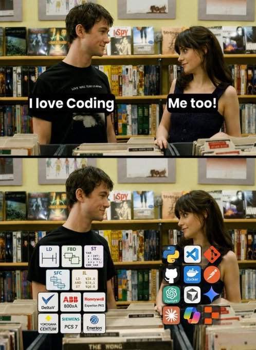 A meme showing two people at a bookstore with the text "I love Coding" and "Me too!" followed by a second panel revealing they have incompatible tech stacks and tools (Ladder Diagram, ABB, Siemens PCS 7 vs. Python, Docker, etc.).