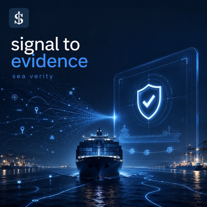 A digital marketing graphic featuring a cargo ship on water with a holographic shield checkmark, titled 'signal to evidence' with subtitle 'sea verity'.