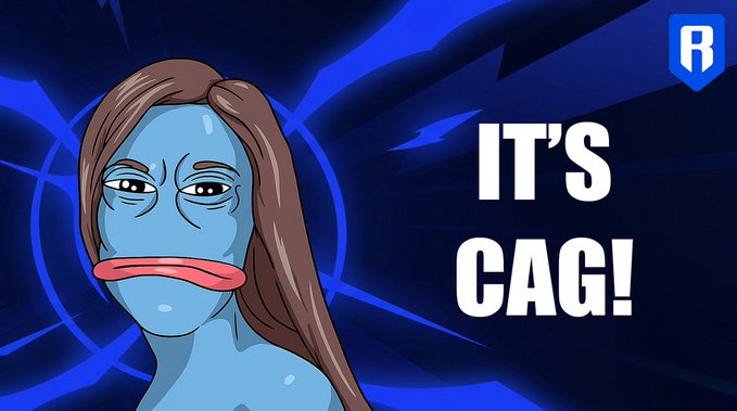The image shows a cartoon avatar of a blue-skinned character with brown hair and large lips, alongside the text "IT'S CAG!" on a dark blue background with an "R" logo in the corner—illustrating the introduction of CAG, the mascot from @thetickeriscag.