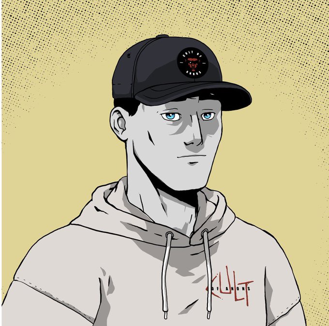 An illustrated character wearing a black cap with a red logo and a grey 'KULT UNDERWORLD' hoodie against a yellow halftone dot background.