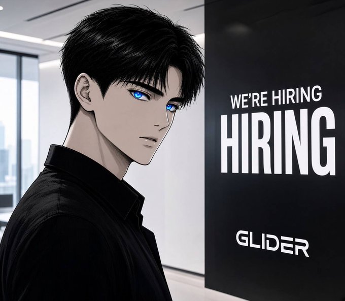 An anime-style illustration of a young man with black hair and blue eyes in a black shirt, standing next to a 'WE'RE HIRING' banner for a company called GLIDER.