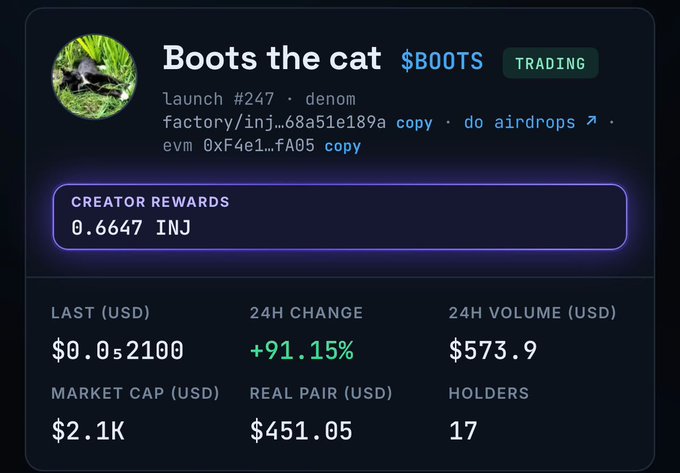 A cryptocurrency token page for 'Boots the cat' ($BOOTS) showing launch #247 on a denom factory, with creator rewards of 0.6647 INJ, a last price of $0.052100, +91.15% 24H change, and 17 holders.