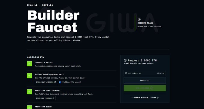 A dark-themed webpage for 'GIWA L2 - SEPOLIA' showing a 'Builder Faucet' interface with eligibility steps and a request button for 0.0005 ETH.