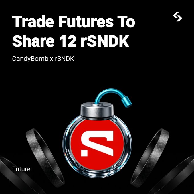 A promotional graphic reading 'Trade Futures To Share 12 rSNDK' featuring a CandyBomb x rSNDK collaboration with a bomb graphic displaying the S logo.
