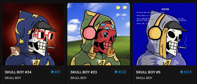 Three NFT digital art cards labeled 'SKULL BOY #34', 'SKULL BOY #23', and 'SKULL BOY #5' from the SKULL BOY collection, featuring stylized skeleton characters in hoodies.