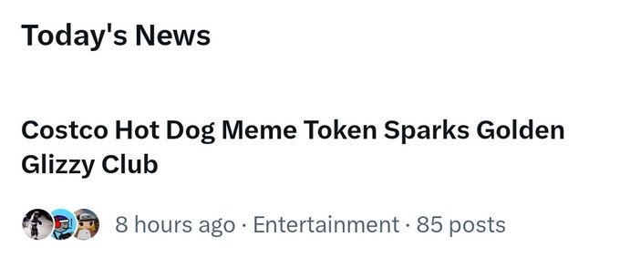 A screenshot of a news article titled 'Costco Hot Dog Meme Token Sparks Golden Glizzy Club' under 'Today's News' in Entertainment.