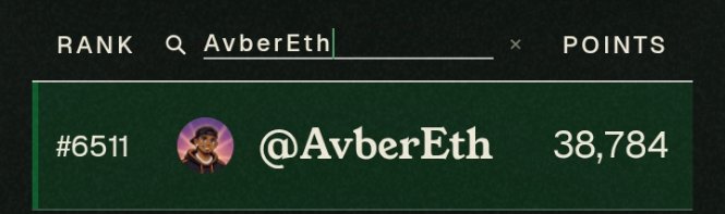 A leaderboard interface shows the handle '@AvberEth' ranked #6511 with 38,784 points.
