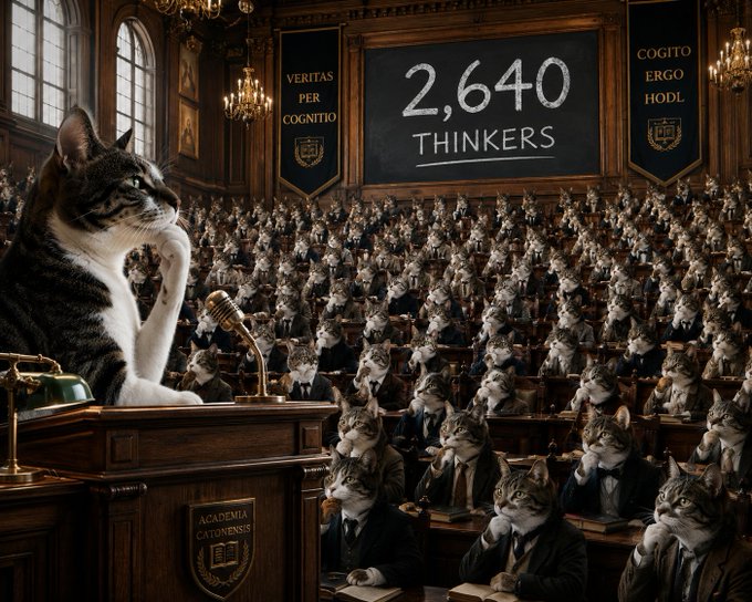 A tabby cat stands at a podium labeled "ACADEMIA CATONIENSIS" addressing an auditorium filled with cats in suits, with a chalkboard displaying "2,640 THINKERS" flanked by banners reading "VERITAS PER COGNITIO" and "COGITO ERGO HODL." The image humorously visualizes the post's comparison of $HMM's small "thinker" community to $CashCat's larger holder base, suggesting HMM is early despite modest adoption.

(Note: Banners contain Latin wordplay replacing traditional "Cogito Ergo Sum" with "HODL.")