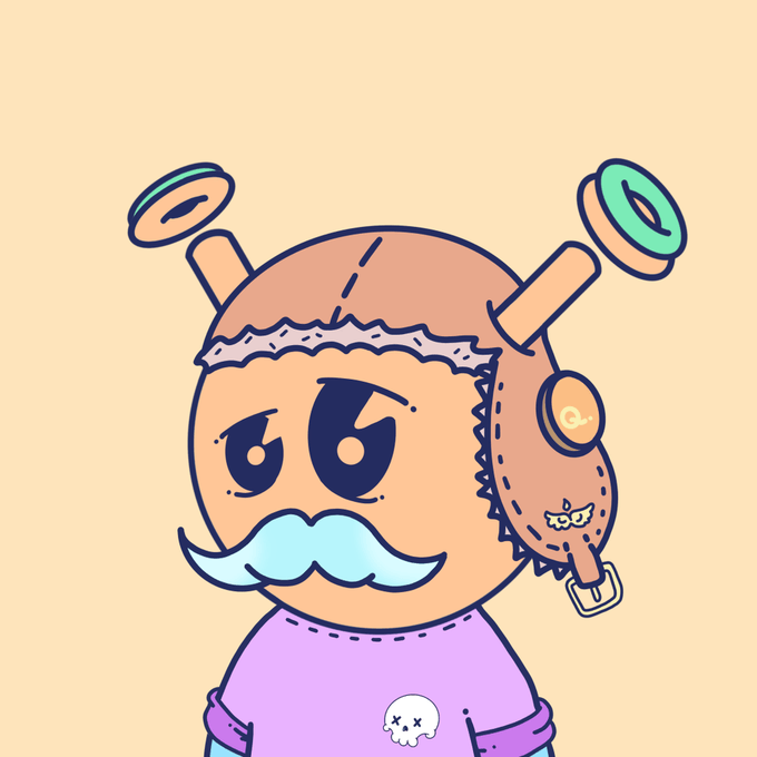 Cartoon illustration of a quirky character with a peach-colored head, sporting a blue mustache, antenna with rings, a brown helmet, and a purple shirt featuring a small skull emblem.