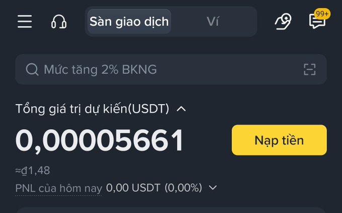 A Binance mobile app interface in Vietnamese showing 'Sàn giao dịch' (Exchange) with tabs for Ví, predicted value 'Mức tăng 2% BKNG' showing '0,00005661 USDT (≈₫1,48)', and a 'Nạp tiền' (Deposit) button.