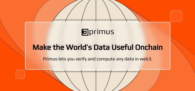 An orange promotional graphic for 'primus' featuring a wireframe sphere background and the tagline 'Make the World's Data Useful Onchain — Primus lets you verify and compute any data in web3.'