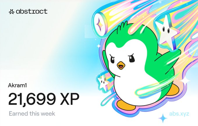 An Abstract platform achievement card displays 'Akram1' with '21,699 XP Earned this week' alongside an illustration of a green and white penguin-like mascot surrounded by stars.