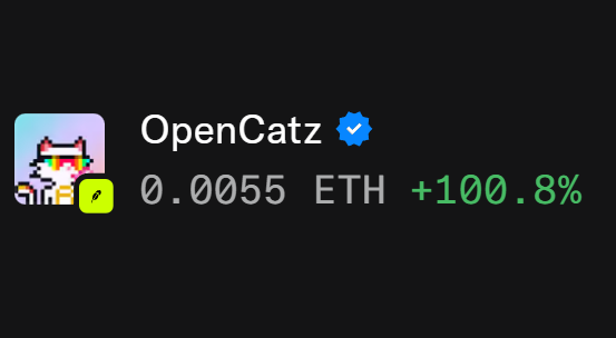 A digital asset listing displaying OpenCatz with a price of 0.0055 ETH and a +100.8% gain.