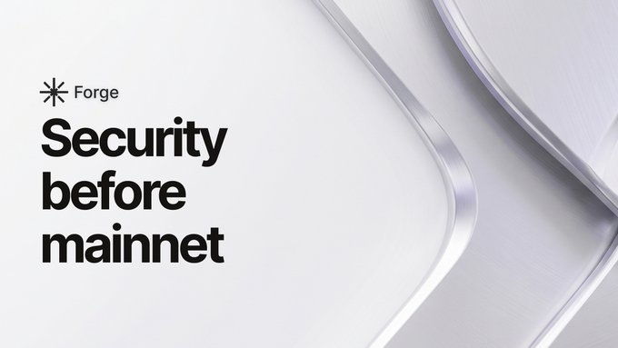 A sleek, minimalist graphic with the title 'Security before mainnet' from 'Forge,' set against a clean white background with flowing metallic curves.