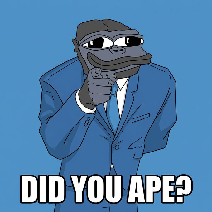 A cartoon ape in a blue suit holds its hand near its mouth against a blue background, with bold text below reading “DID YOU APE?”
