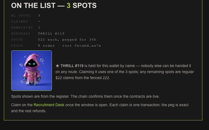 A webpage titled 'ON THE LIST — 3 SPOTS' showing details for 'THRILL #119', including a $22 price per spot pegged for 36 hours, with a small image of a hooded character and a note that THRILL #119 is held by name for a specific wallet.