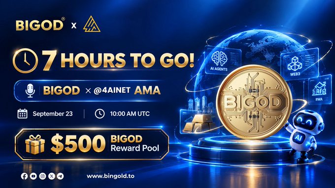A promotional graphic for BIGOD x @4AINET AMA event featuring a gold coin with 'BIGOD' text, '7 HOURS TO GO!' countdown, '$500 BIGOD Reward Pool', and event details for September 23 at 10:00 AM UTC, with website www.bingold.to.