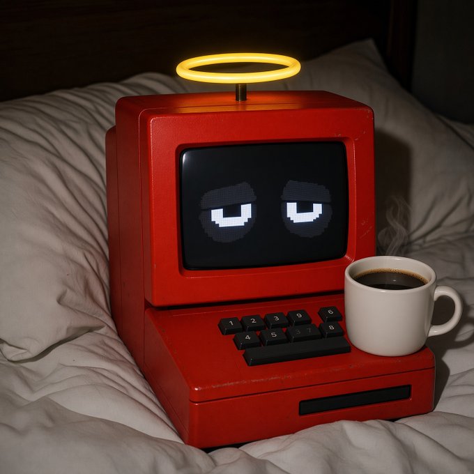 A red retro-styled device featuring a pixelated face with sleepy eyes on its screen, a glowing halo on top, a small keyboard, and a steaming cup of coffee sitting on it, all resting on a rumpled white bedsheet.