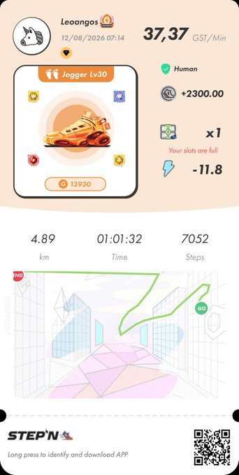 A fitness app screenshot from Step'N shows a user profile 'Leoangos' earning 37.37 GST/Min with stats including 4.89 km, 01:01:32 time, and 7052 steps.