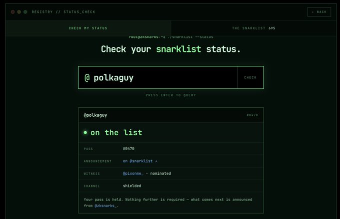 The image shows a "Check My Status" registry interface where user "polkaguy" queries the snarklist status, displaying pass #0470 with the result "on the list" along with details like the announcement channel (@snarklist), witness (@pixonme_ - nominated), and channel (shielded). The post expresses excitement about receiving a Snark List WL approval, noting the auction's high demand with WL spots selling for over $1,200 and mentioning 300+ selections still to be made for the snarks_.