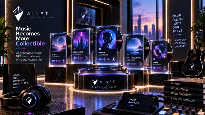 A promotional display for 'AINFT' showcases 'Music Becomes More Collectible,' featuring AI-generated music NFTs displayed on illuminated screens with a city skyline backdrop.