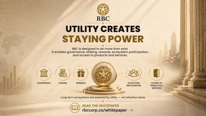 A promotional graphic for RBC with the headline "Utility Creates Staying Power," featuring the RBC logo at the top and highlighting five key features—Governance, Staking, Rewards, Ecosystem Participation, and Access to Products & Services—represented by icons flanking a central golden medallion. The image ties directly to the accompanying post by visually emphasizing how RBC delivers tangible ecosystem value beyond hype.