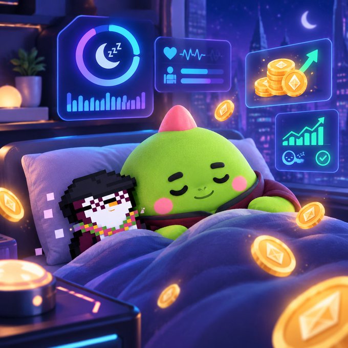A digital illustration depicts a cute green blob character with pink cheeks sleeping in bed alongside a pixelated character, with holographic screens displaying sleep data, health metrics, and crypto coins floating around them in a nighttime city setting.