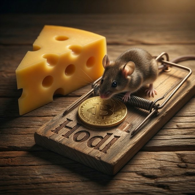 The image features a mouse sitting on top of a wooden mousetrap with a piece of cheese next to it, along with the text "HOD" written on the mousetrap. The caption reads "Focus on what is in the image and how it relates to the post". This suggests that the image might be related to Bitcoin or cryptocurrency, as the mouse represents Bitcoin, and the mousetrap symbolizes a risky situation involving Bitcoin.