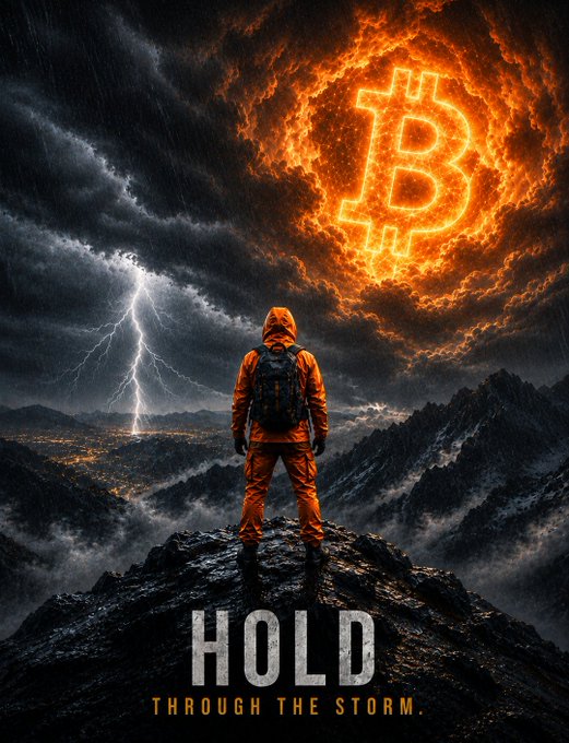 A digital artwork shows a hooded figure in an orange jacket standing on a rocky peak beneath a fiery Bitcoin symbol in the clouds, with the text 'HOLD THROUGH THE STORM' displayed at the bottom.