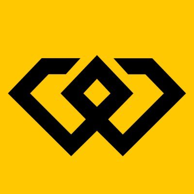 A yellow square with a black geometric logo featuring interconnected diamond shapes.