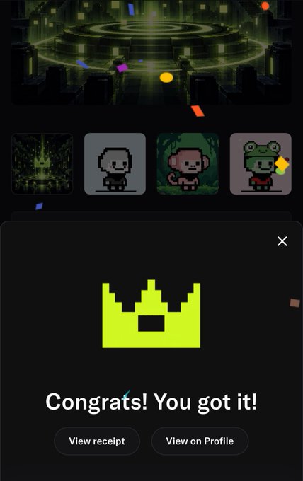 A mobile game screenshot showing a pixel-art castle icon with the text 'Congrats! You got it!' and buttons to 'View receipt' or 'View on Profile'.