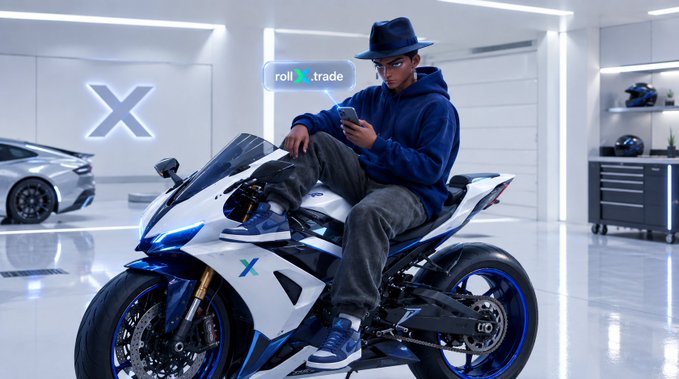 A young man in a blue hoodie and fedora sits on a sleek blue and white sportbike inside a modern, minimalist showroom, with a glowing "rollX.trade" logo and a large "X" visible on the walls. The image reinforces the post's message about putting idle assets like Bitcoin to work, depicting a stylish, tech-forward lifestyle where "your bitcoin doesn't have to just sit there doing nothing."