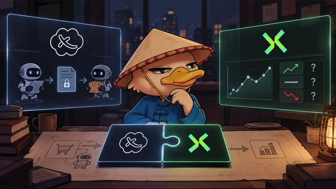 An animated illustration of a duck character wearing a conical hat and traditional clothing, sitting at a desk with two puzzle-piece interfaces displaying icons related to automation and trading charts.