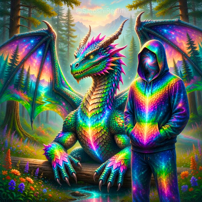 A vibrant rainbow dragon with cosmic-patterned wings perches beside a hooded figure in matching celestial attire, both rendered in psychedelic hues within a mystical forest. The watermark "@SatoshiRerUm" appears at the top, tying the magical companions to the post's theme of creatures pledged to creator Satoshi Nakamoto.