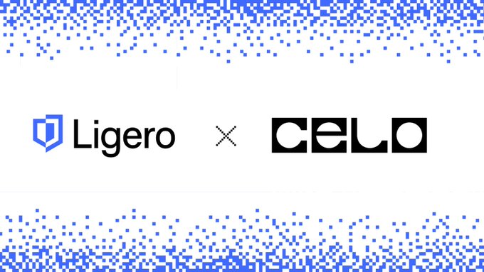 A white graphic with blue pixelated/dotted borders at the top and bottom, featuring the logos of 'Ligero' and 'CELO' separated by a multiplication/cross symbol, indicating a collaboration between the two projects.