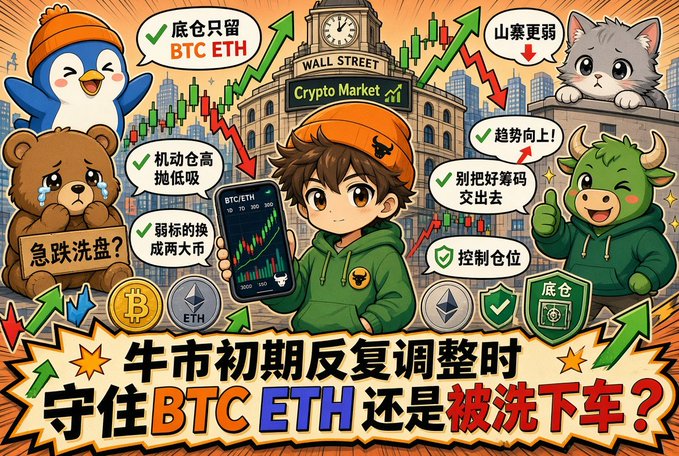 A Chinese-language cryptocurrency meme illustration featuring a character holding a BTC/ETH chart, surrounded by cartoon animals and text discussing bull market adjustments with the headline '牛市初期反复调整时 守住BTC ETH还是被洗下车？'.