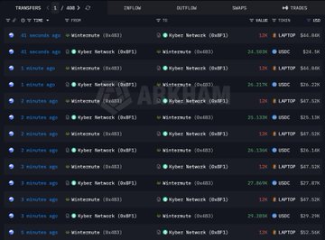 A dark-themed cryptocurrency trading dashboard displaying various tokens including 'Kittenslunds', 'Kyber Network', and 'Wicrypt Network' with columns for TIMELOW, OUTFLOM, SNAPS, and TRADES.