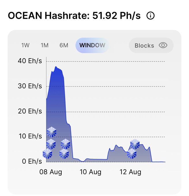 An OCEAN Hashrate dashboard showing 51.92 Ph/s, with a chart displaying hashrate peaking near 40 Eh/s on August 8 before dropping sharply.