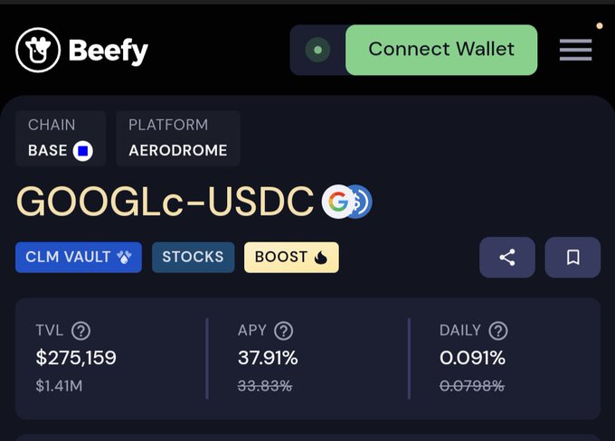 A screenshot of the Beefy finance platform showing a GOOGLc-USDC vault on the Base chain and Aerodrome platform, with a TVL of $275,159 and an APY of 37.91%.